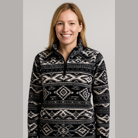 Eddie Bauer Sweaters - Eddie Bauer Women's Quarter Zip Fleece Pullover Aztec Print Black/White Large